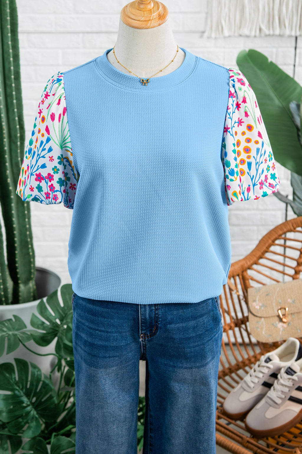 Light Blue Round Neck Textured Contrast Floral Bubble Sleeve Blouse