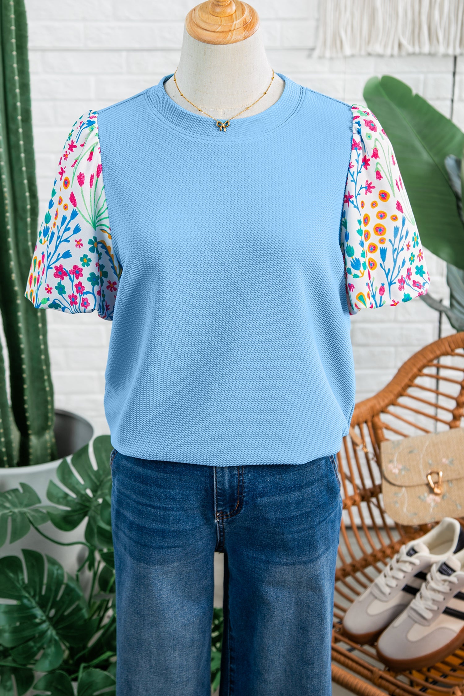 Light Blue Round Neck Textured Contrast Floral Bubble Sleeve Blouse