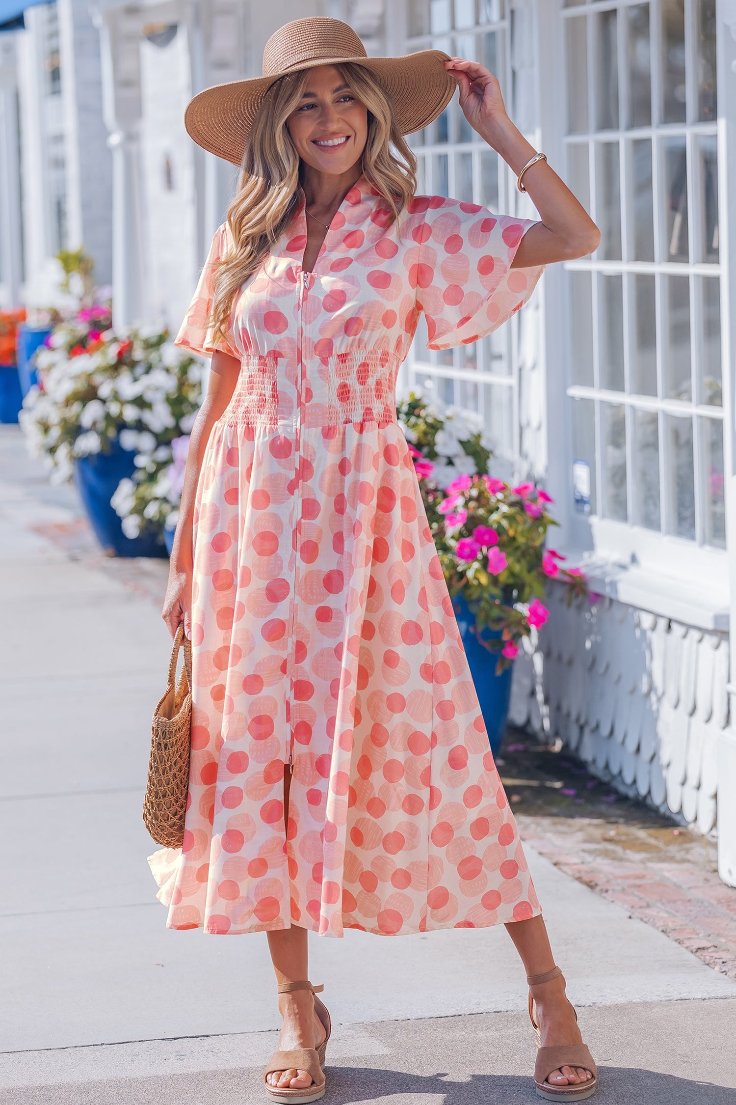 Pink Polka Dot Printed Ruffle Short Sleeve Zip Up Long Dress