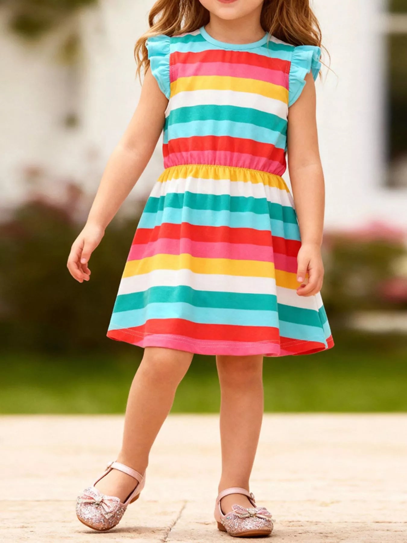 Children's Colorful Striped Ruffle Sleeve Dress
