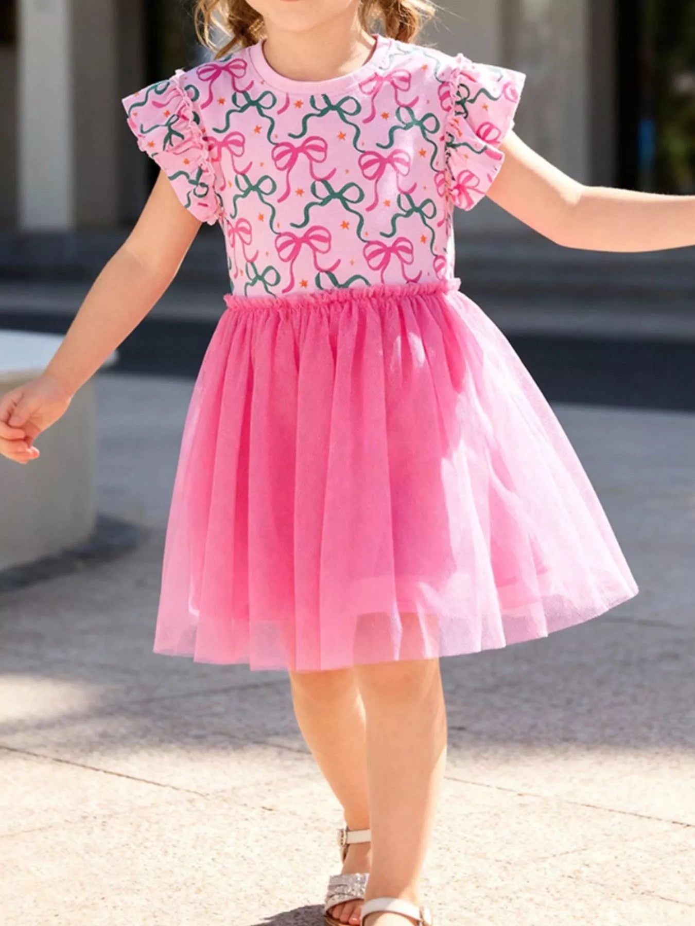 Children's Bowknot Ruffle Sleeve Tulle Dress
