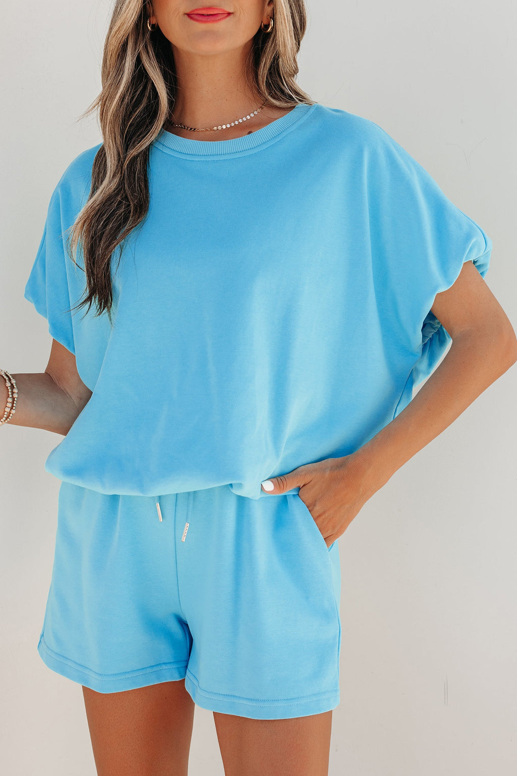 Light Blue Solid Color Puffy Loose Top Drawstring Shorts 2pcs Outfit