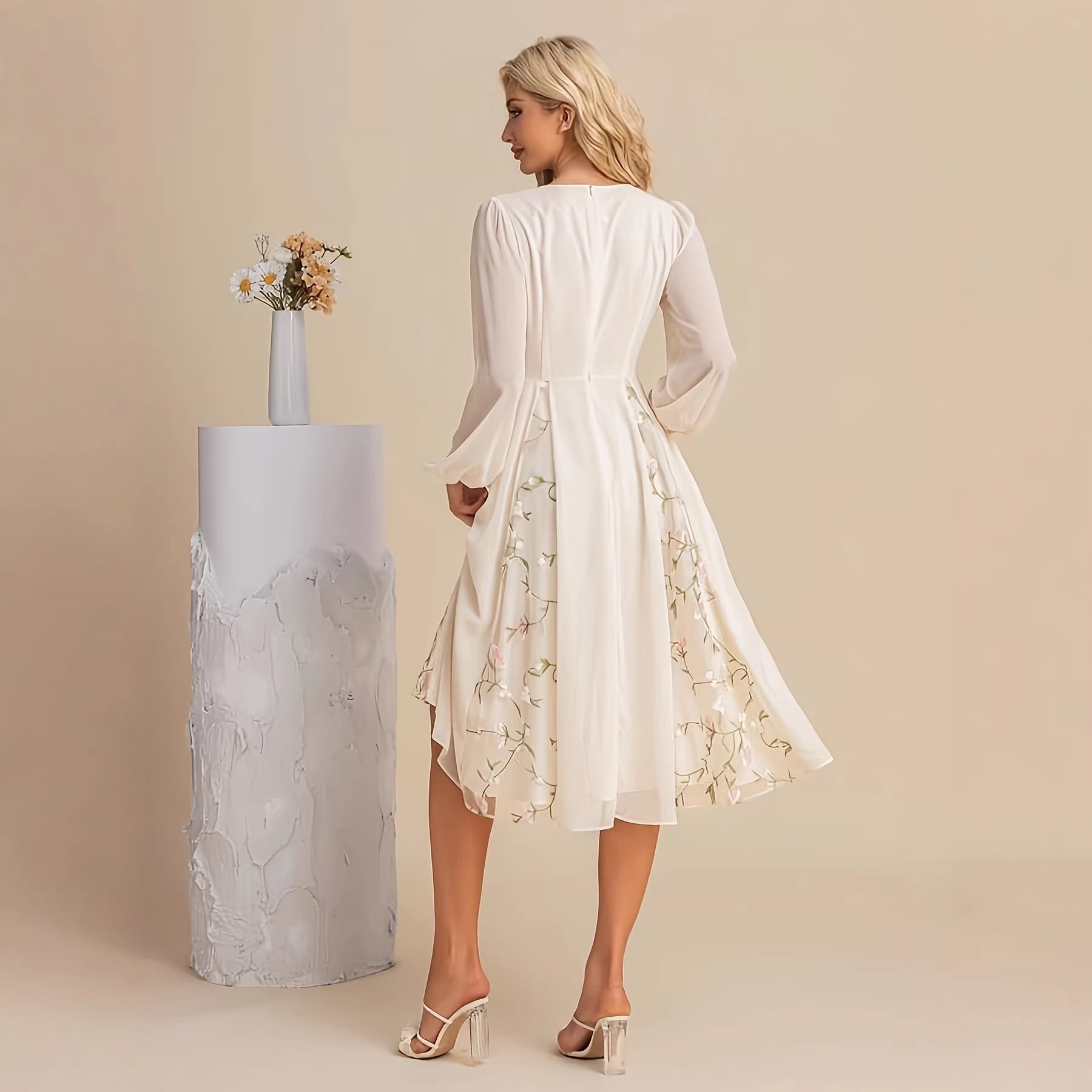Floral Long Sleeve V-Neck Pleated Midi Dress – High Waist Flared Hem