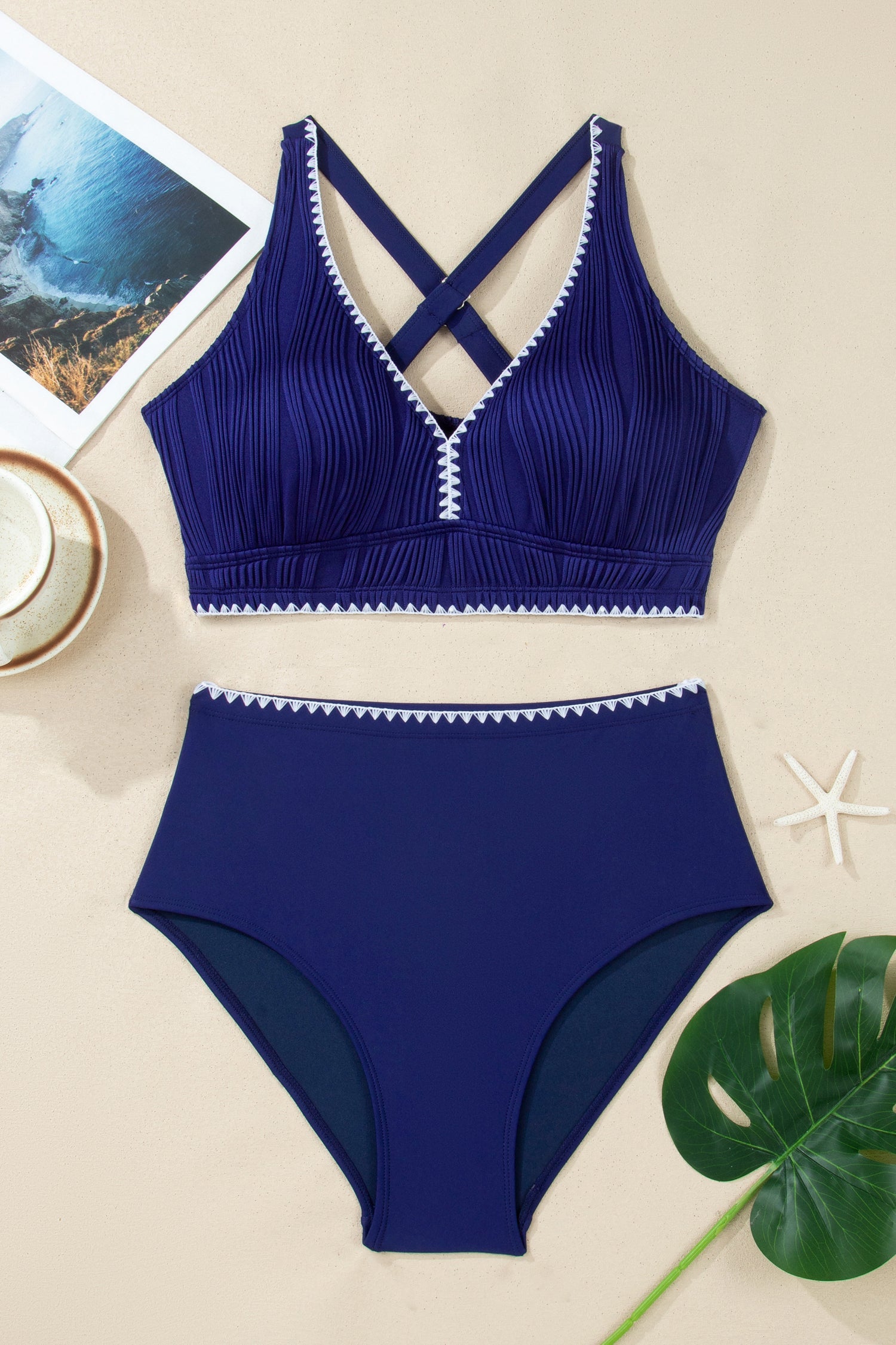 Navy Blue Shell Stitched Trim V Neck Textured Mix and Match High Waist Bikinis