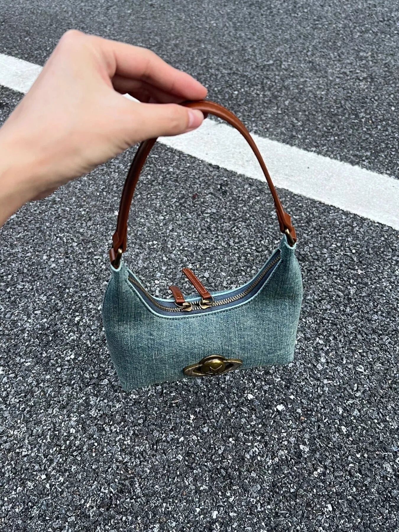 Denim Planet Decor Shoulder Bag