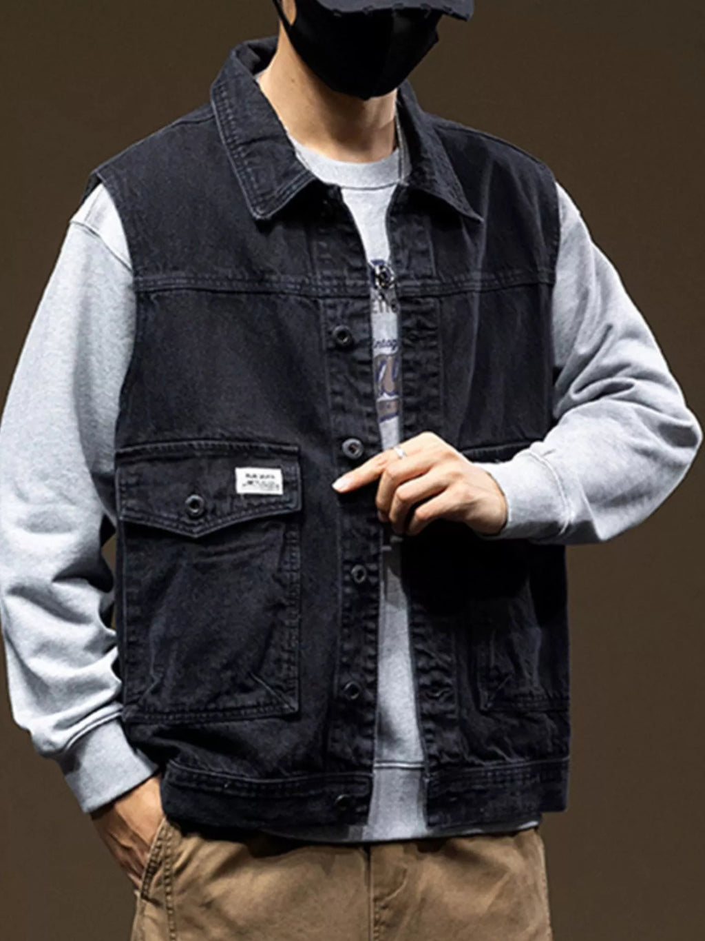 Men's Plus Size Button Up Denim Vest with Pockets