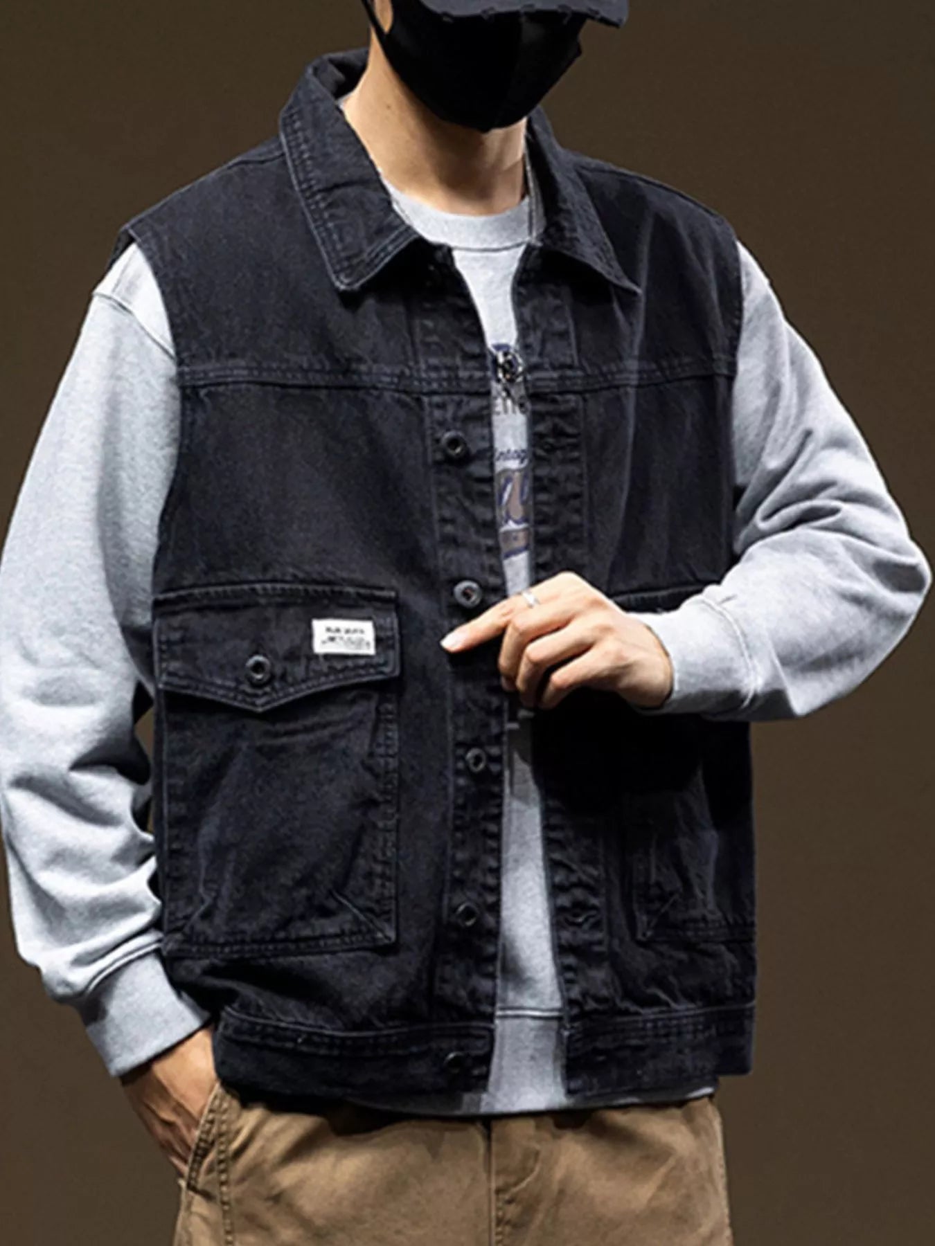 Men's Plus Size Button Up Denim Vest with Pockets