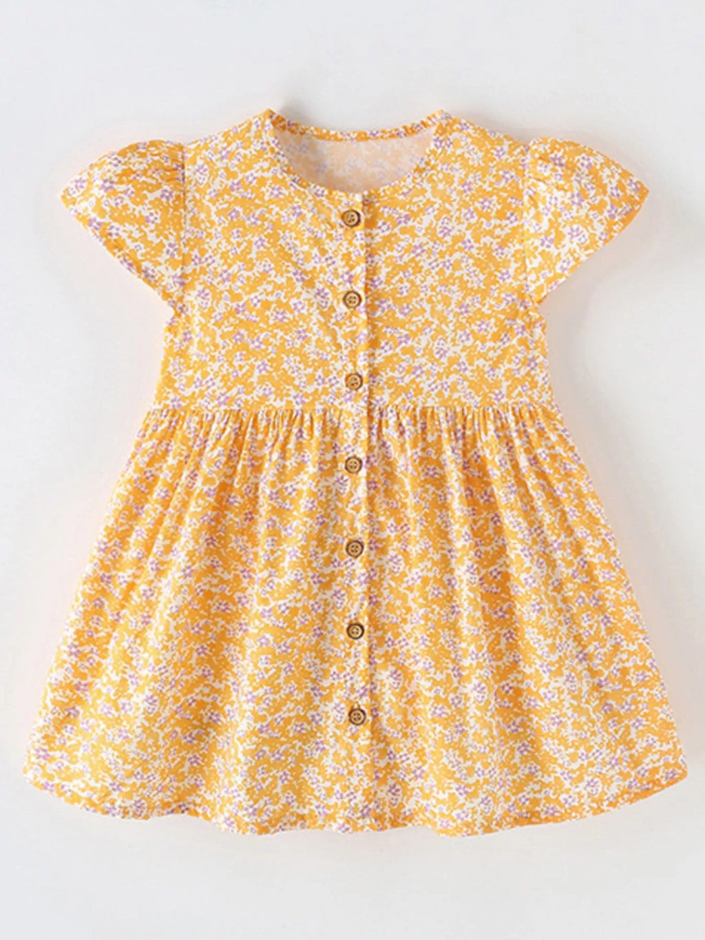 Children's Floral Print Button-Front Flutter Sleeve Dress