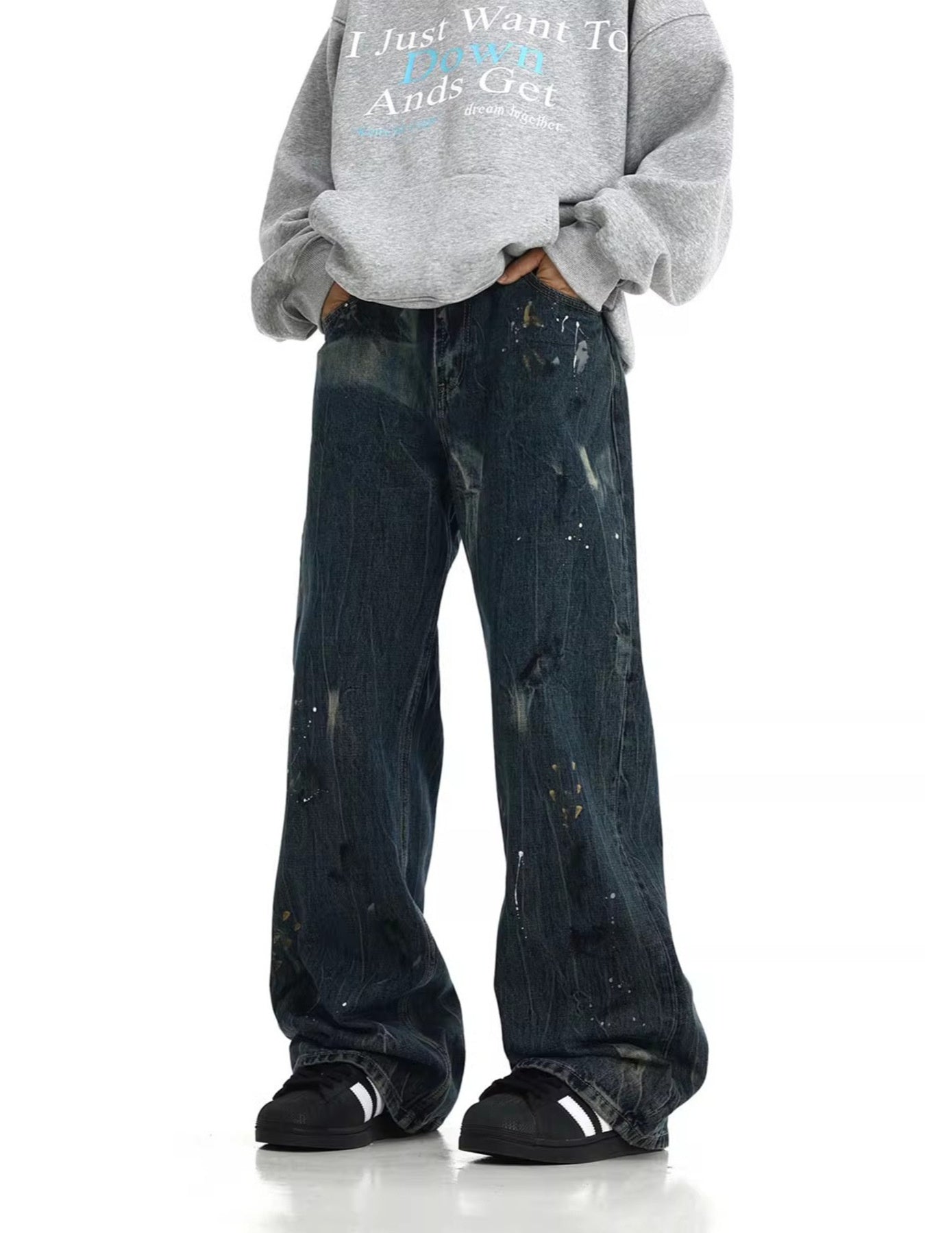 Men's Full Size Paint-Splattered Wide Leg Jeans Plus Size