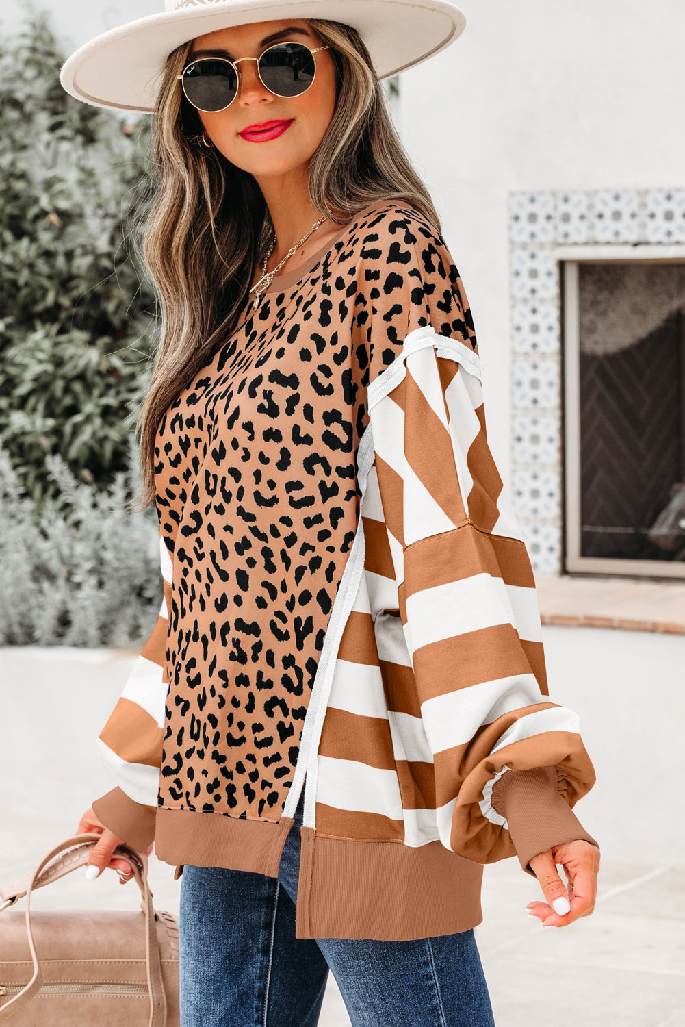 Khaki Stripe Color Block Patchwork Leopard Casual Sweatshirt with Slits