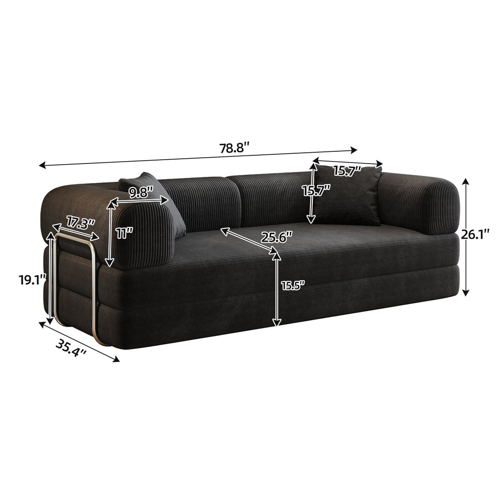 78.8' Compression Sofa,Convertible Floor Sofa Bed-with Pillow Back Support Armrest,Comfy Futon Couch Sleeper Bed,Loveseats Boneless Modular Sectional Sofa,Corduroy fabric,for Living Room,Bedroom,Black