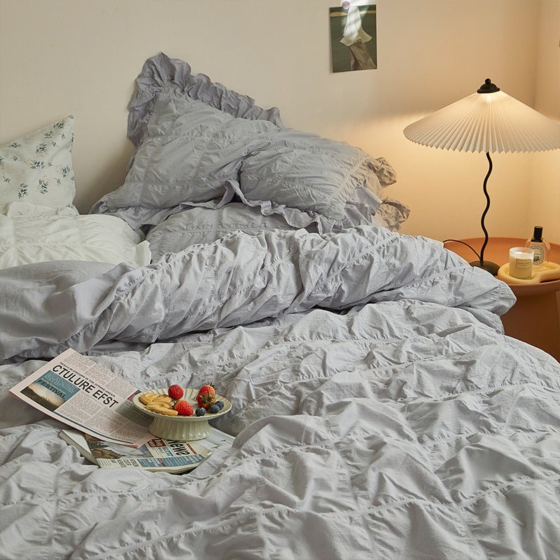 Earth Tone Marshmallow Puff Ruffle Bedding Set / White