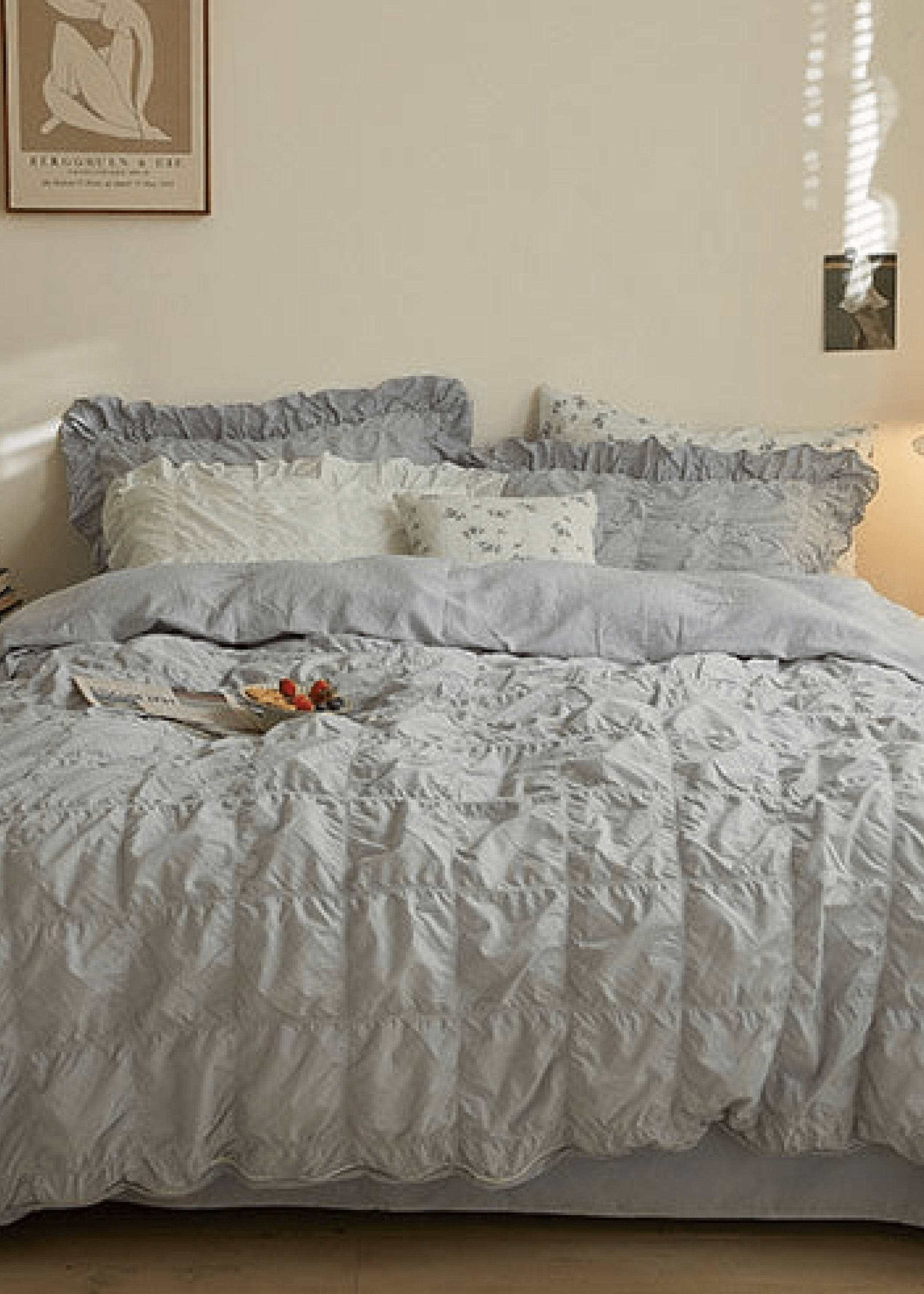 Earth Tone Marshmallow Puff Ruffle Bedding Set / White