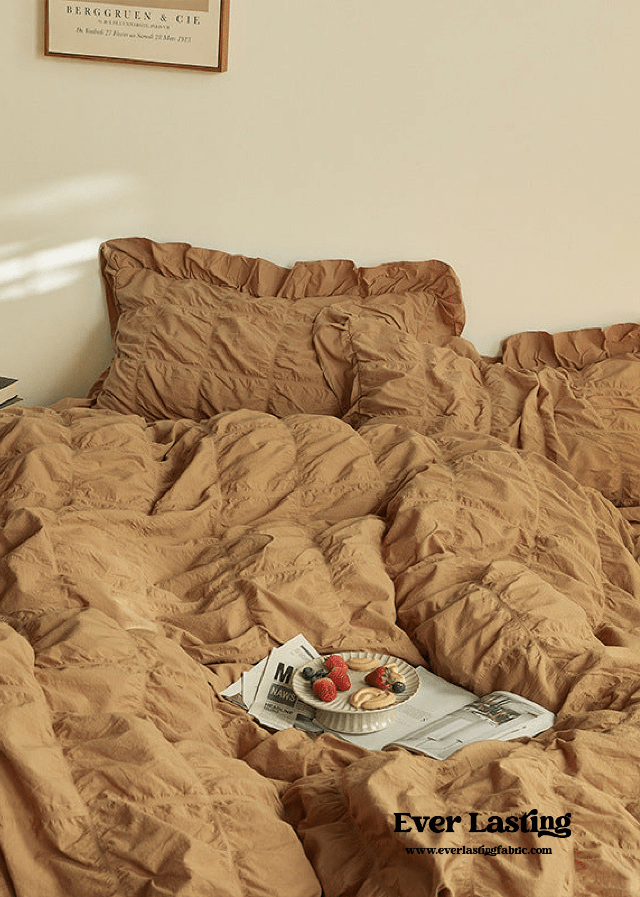 Earth Tone Marshmallow Puff Ruffle Bedding Set / White