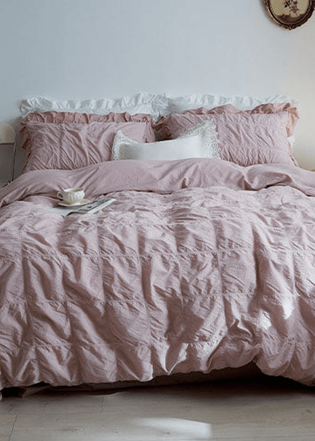 Earth Tone Marshmallow Puff Ruffle Bedding Set / White