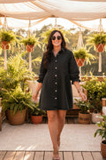 Women's Three-Quarter Sleeve Denim Dress – Ruffle Detail Mid-Length