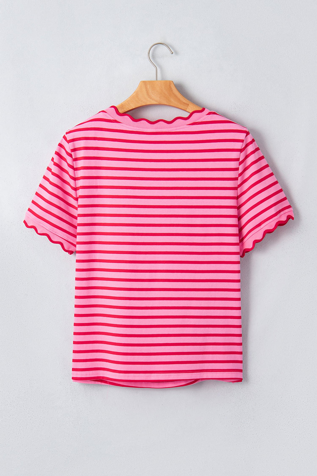 Pink Stripe Scalloped Trim Round Neck T Shirt