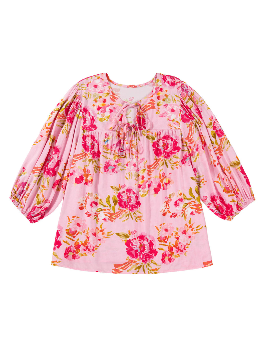Pink Plus Size Floral Print V Neck Tie Front Short Sleeve Tunic Top
