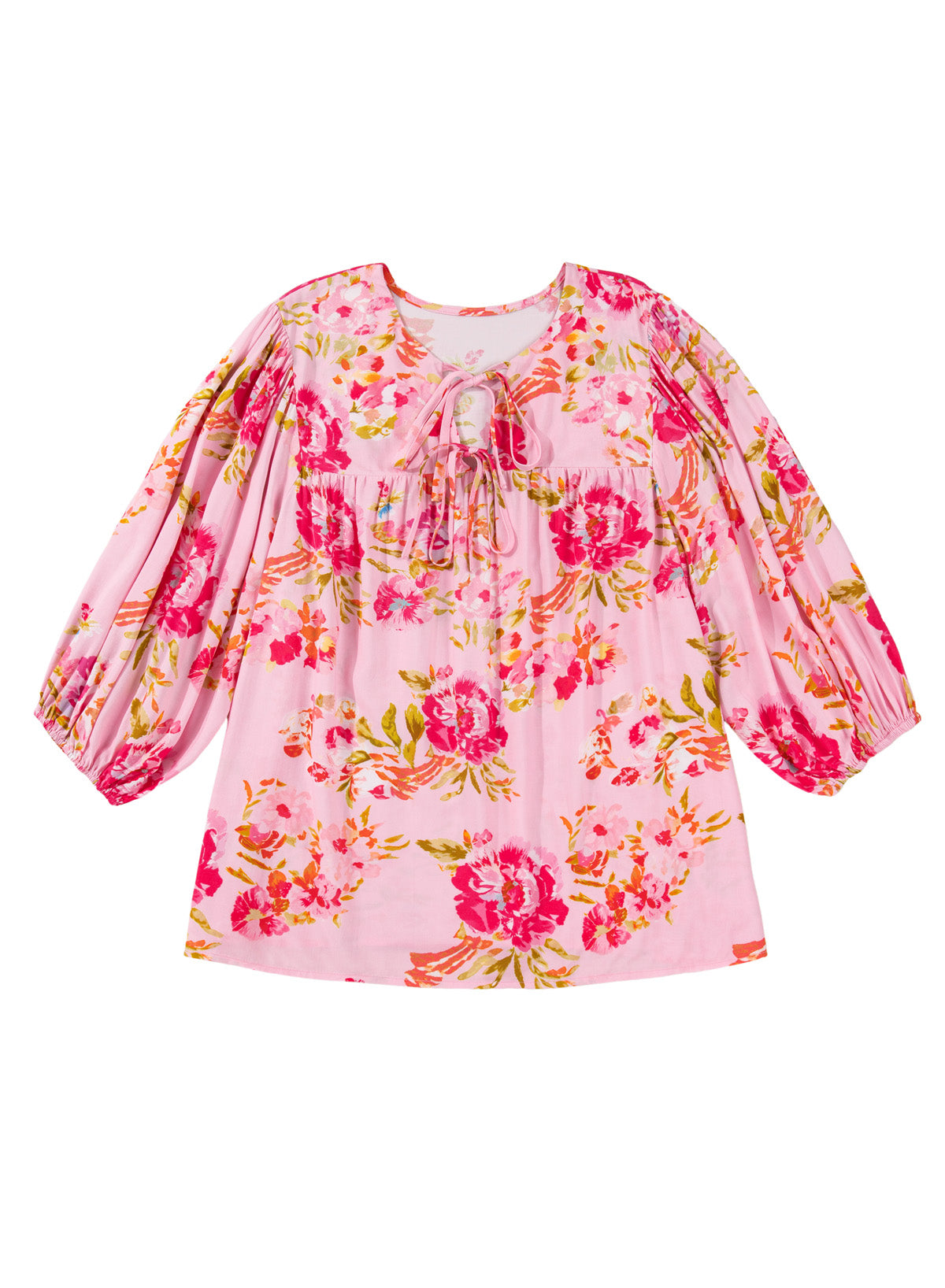 Pink Plus Size Floral Print V Neck Tie Front Short Sleeve Tunic Top