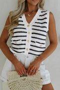Black Stripe V Neck Gold Buttons Elegant Sweater Vest