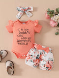 Children's Ruffled Bodysuit and Floral Shorts Set with Headband