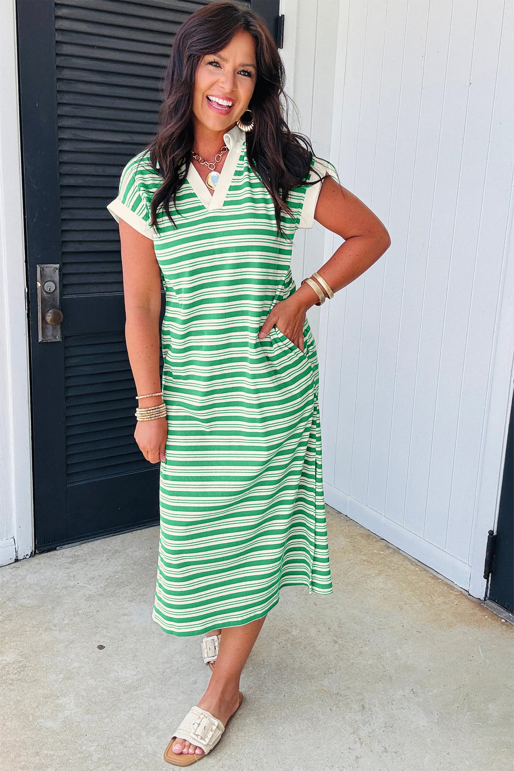 Green Stripe Collared V Neck Short Sleeve T Shirt Midi Dress with Pockets