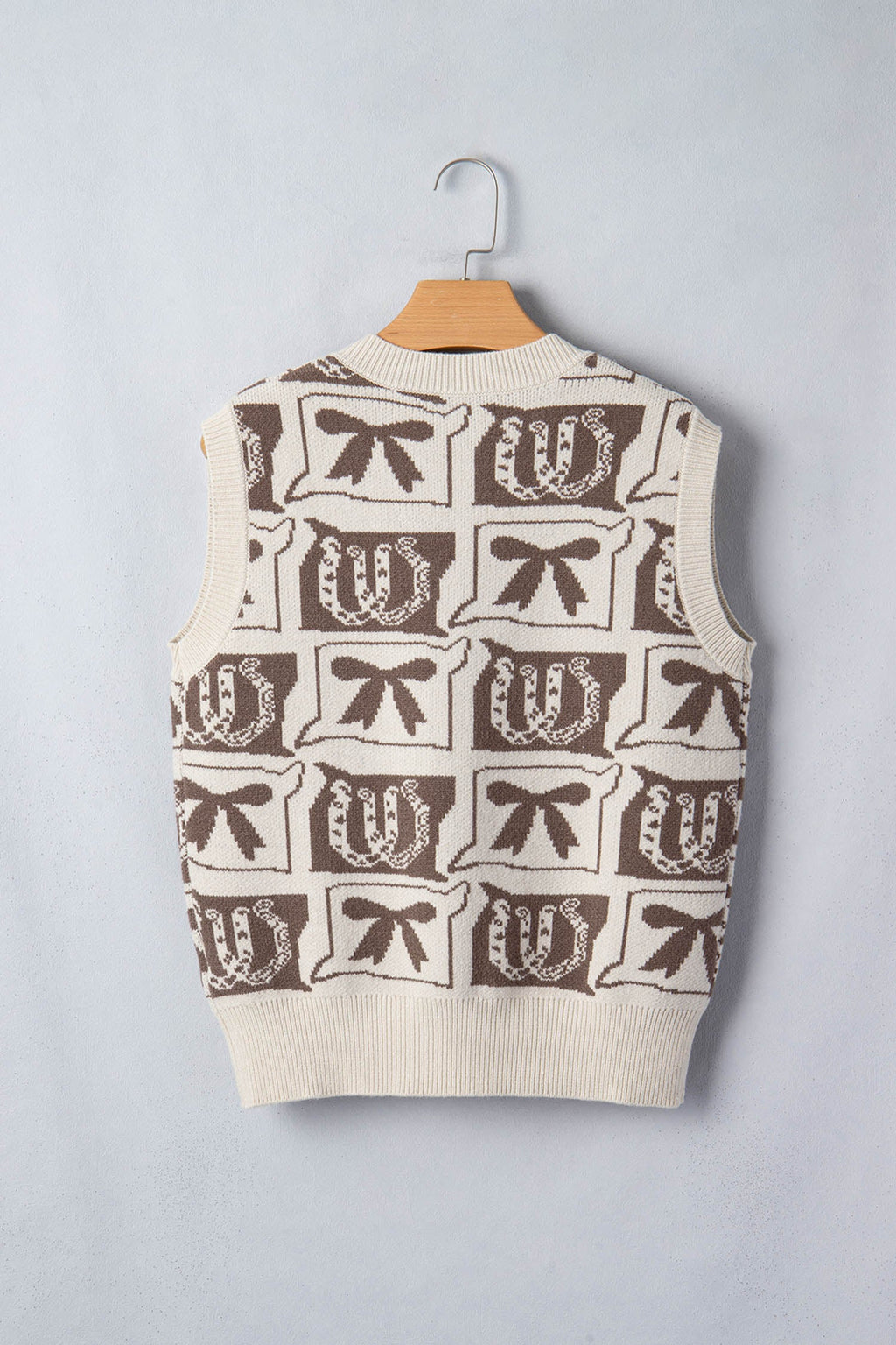 Brown Western Horseshoe Bow Printed V Neck Loose Sweater Vest
