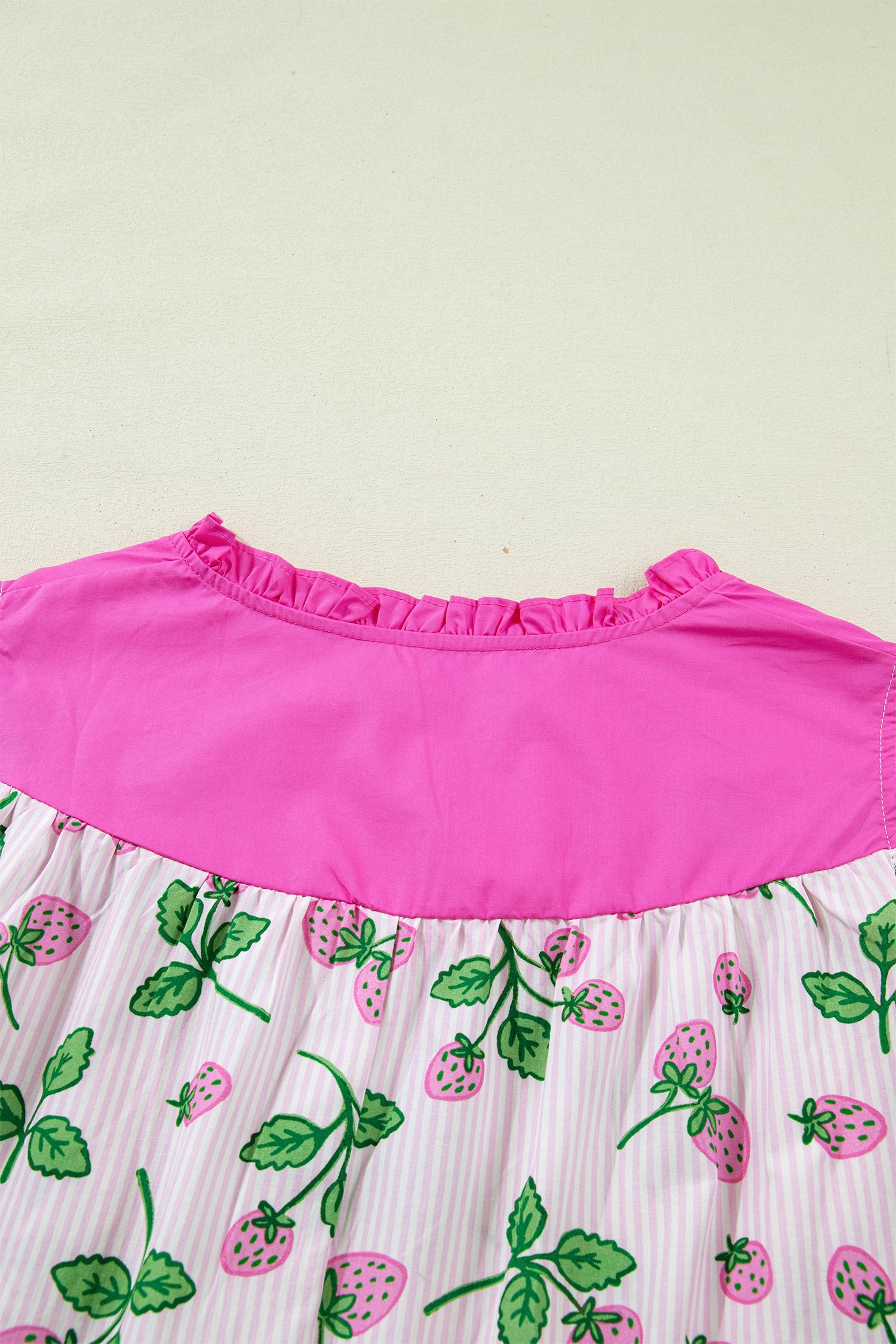 Pink Striped Strawberry Printed Color Block Patchwork V Neck Flutter Sleeve Blouse