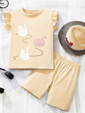 Children's Swan Print Ruffle Sleeve Top & Shorts Set
