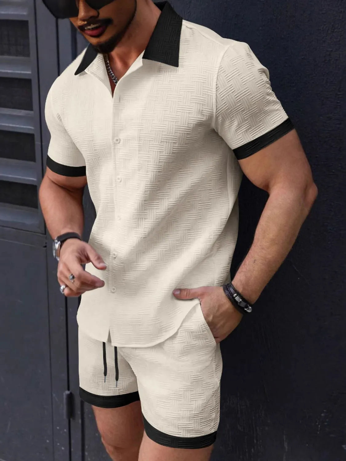 Men's Button Up Short Sleeve Shirt and Shorts Set