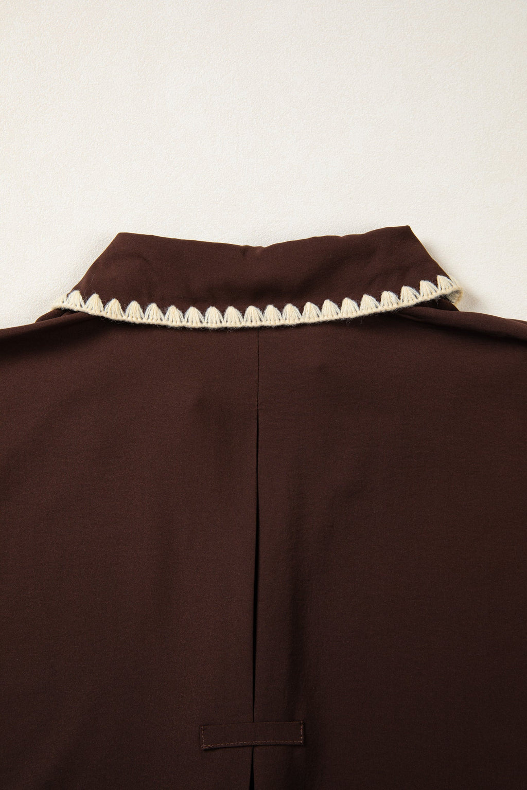 Coffee Shirt Collar Contrast Trim Button V Neck Short Sleeve Blouse