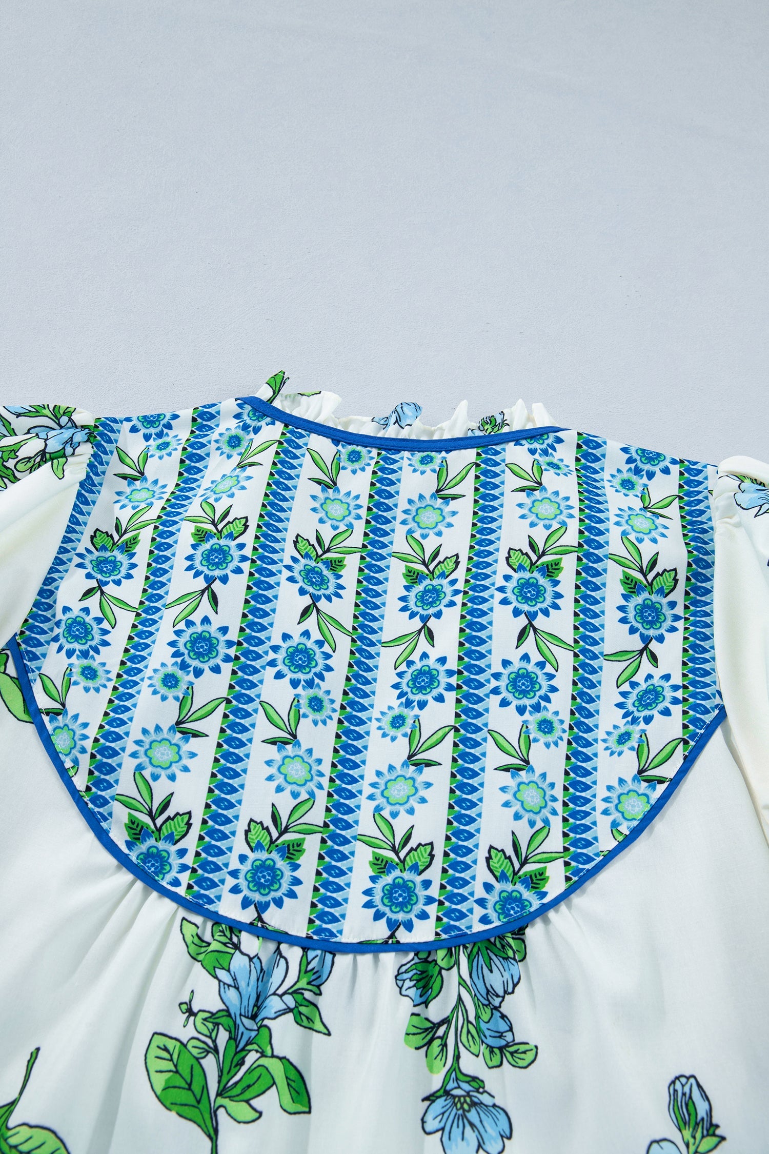 White Floral Print Contrast Trim Tie Neck Blouse
