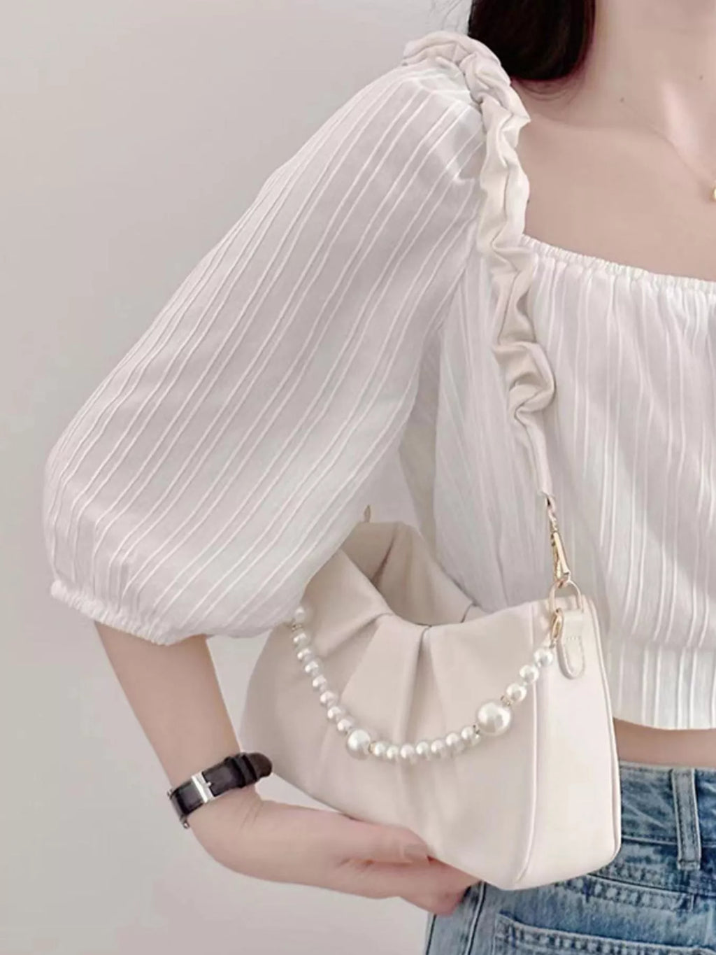 Pearl Embellished Ruched Shoulder Bag