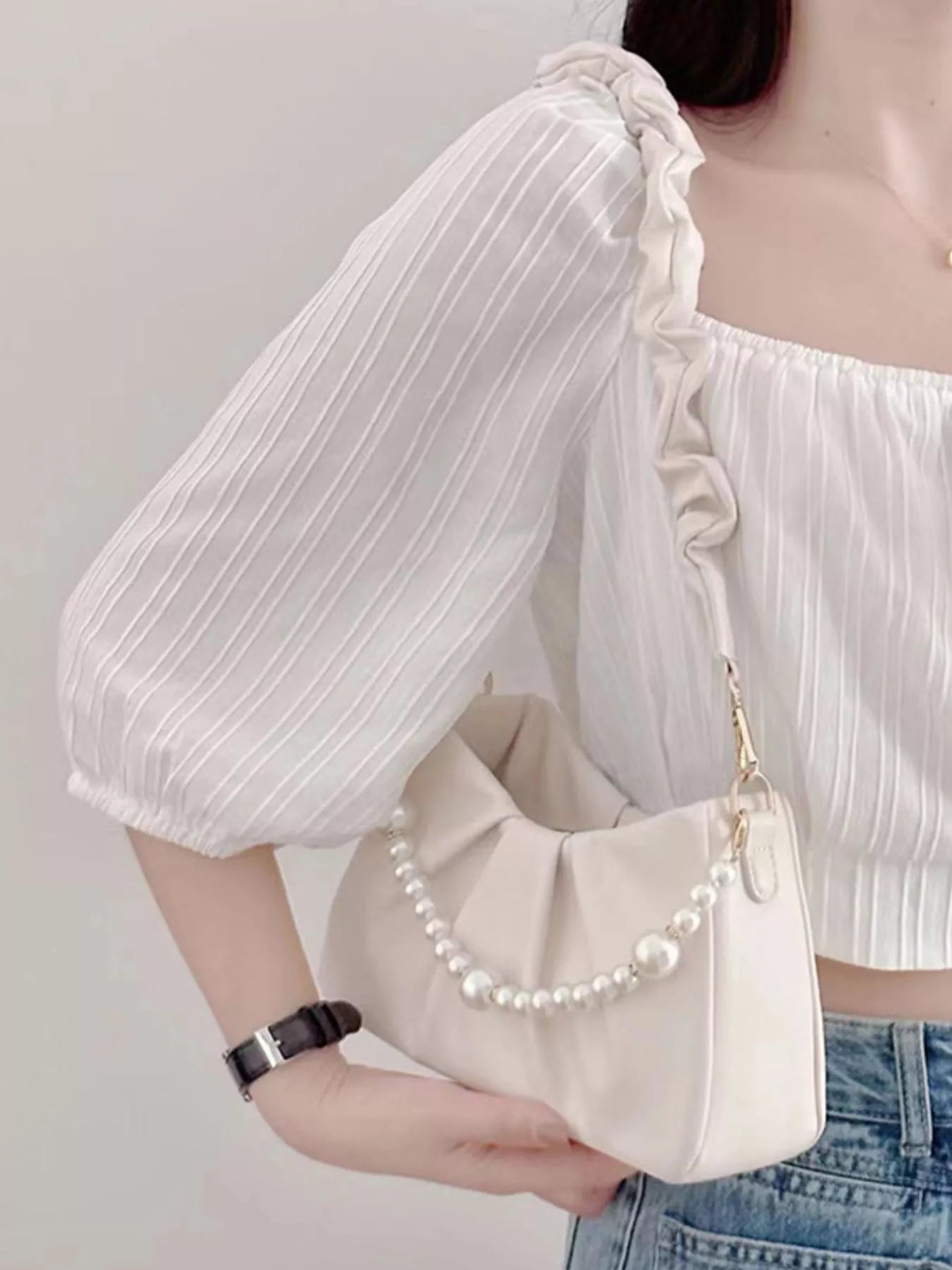 Pearl Embellished Ruched Shoulder Bag