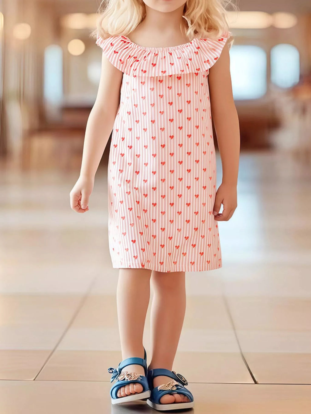 Children's Heart Print Ruffle Trim Dress