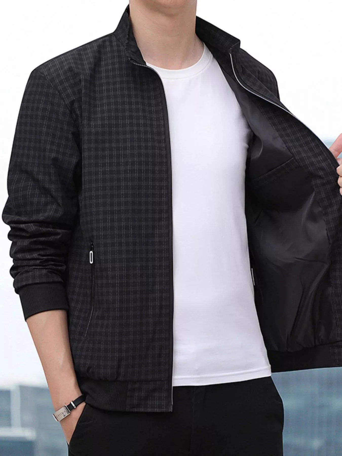 Men's Plus Size Plaid Lightweight Zip-Up Jacket