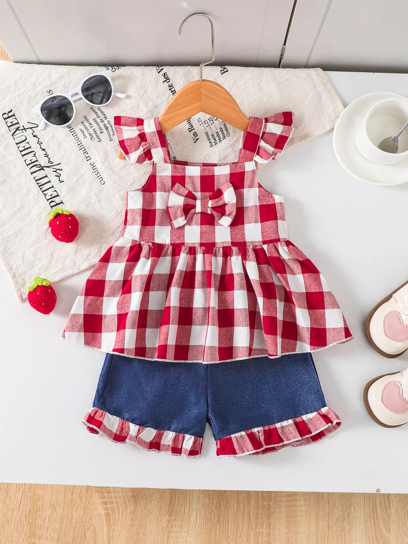 Children's Gingham Bowknot Ruffle Trim Top and Shorts Set