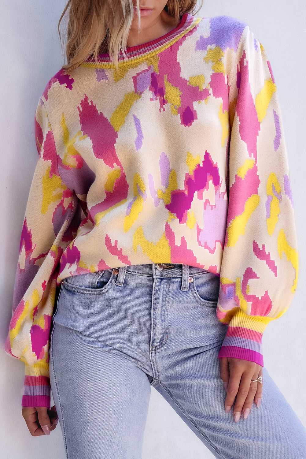 Khaki Abstract Print Colorblock Balloon Sleeve Sweater