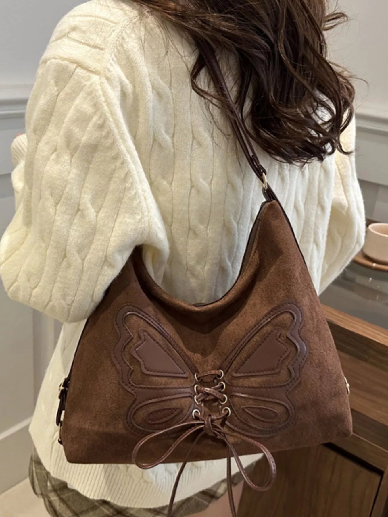 Butterfly Decor Lace-Up Shoulder Bag