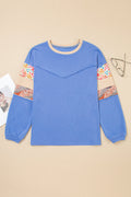 Blue Exposed Seam Floral Mixed Patchwork Relaxed Plus Size Top