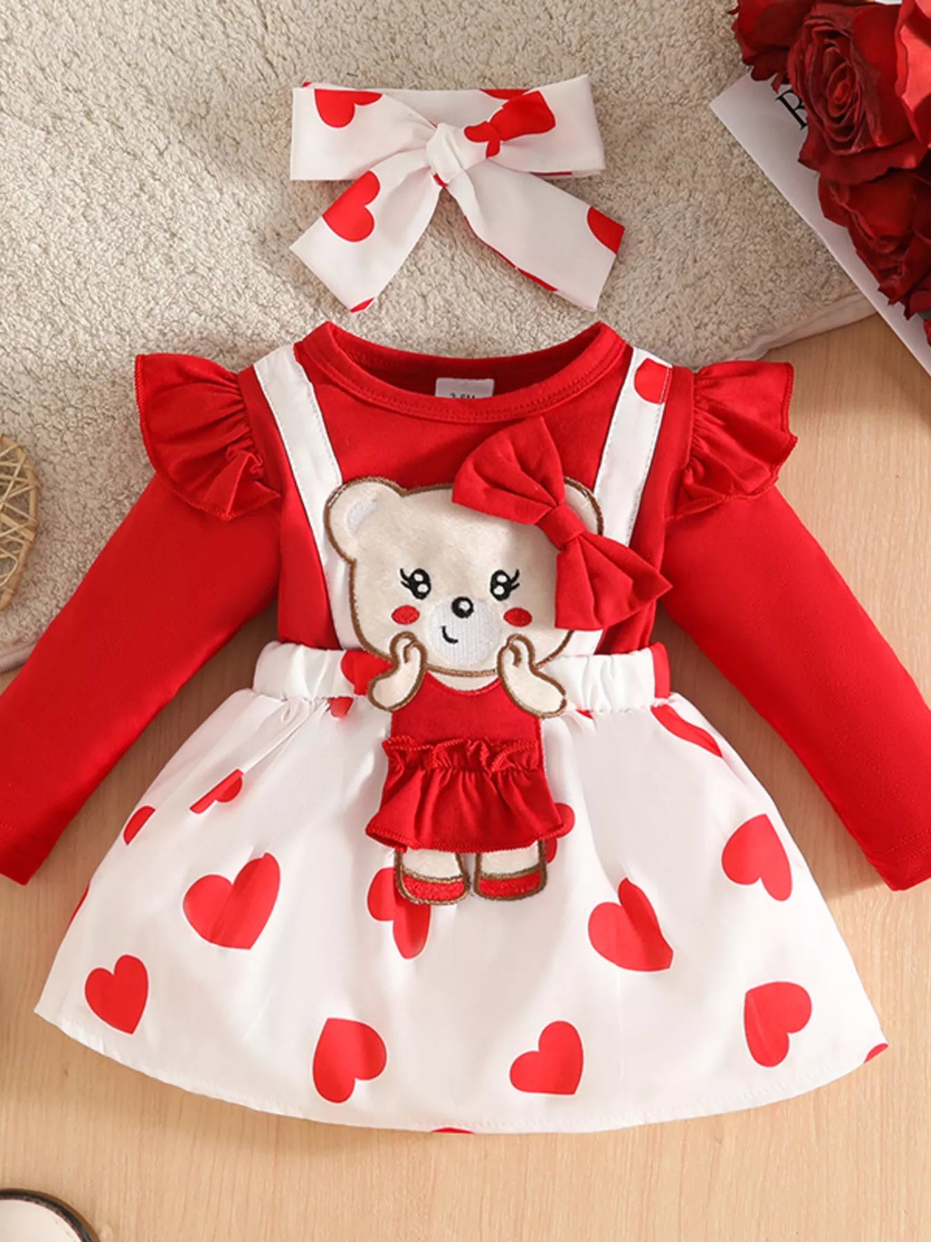 Children's Bear Heart Print Dress & Headband Set