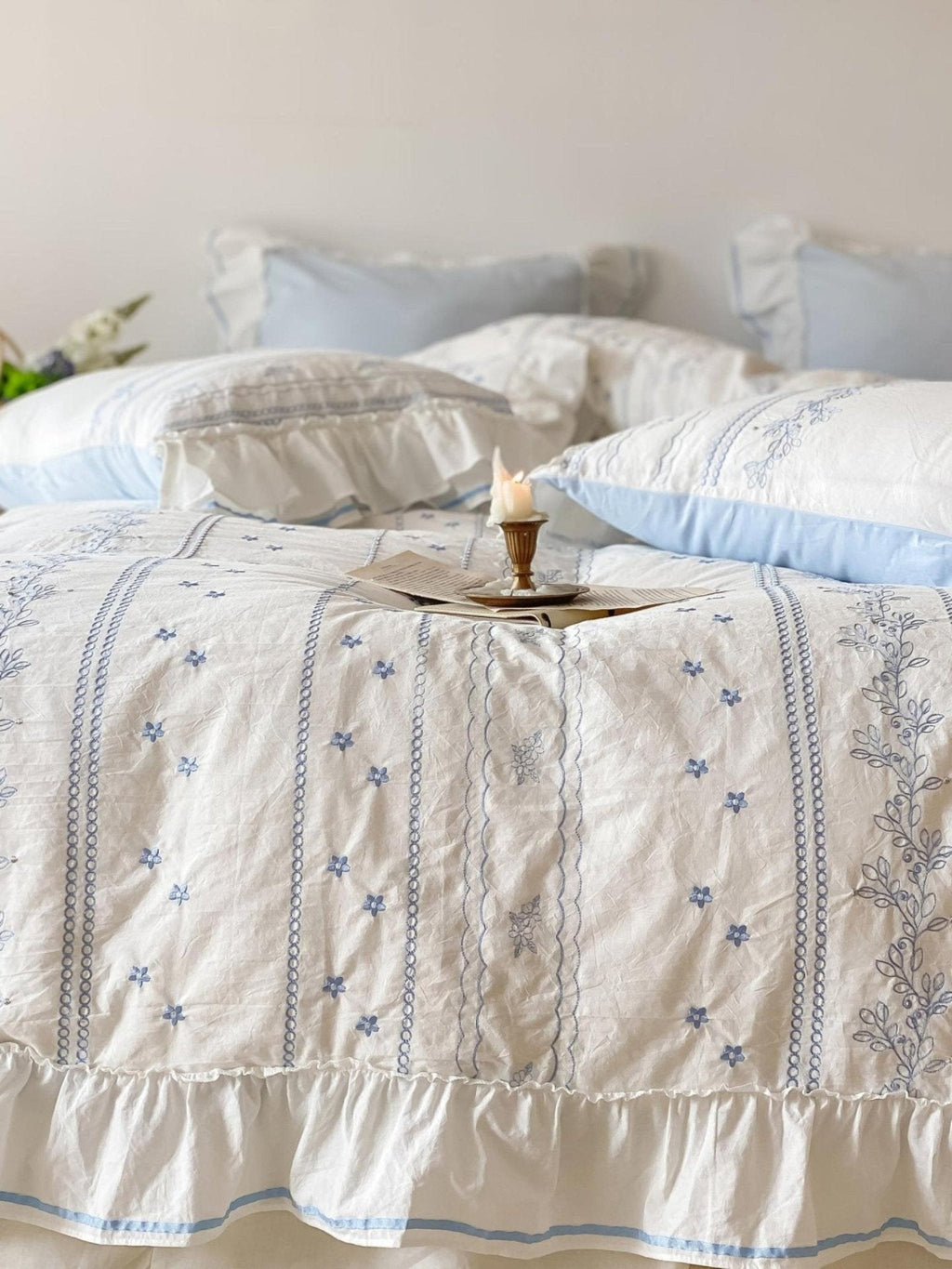 Embroidered French Lace Ruffle Duvet Cover / Blue