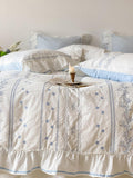 Embroidered French Lace Ruffle Duvet Cover / Blue