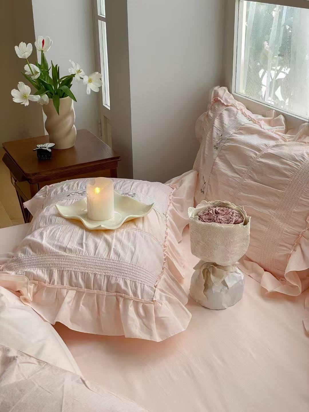 Embroidered Lace Ruffle Bedding Set / Pink