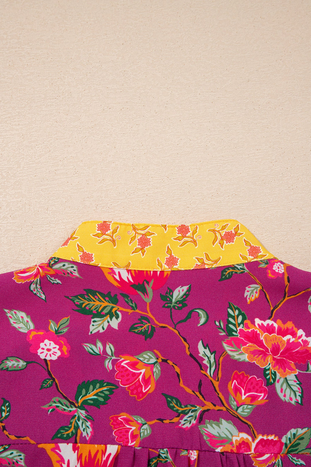 Rose Contrast Placket Split V Neck Floral Blouse