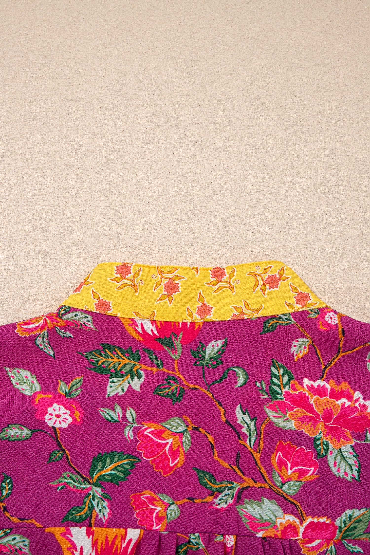 Rose Contrast Placket Split V Neck Floral Blouse