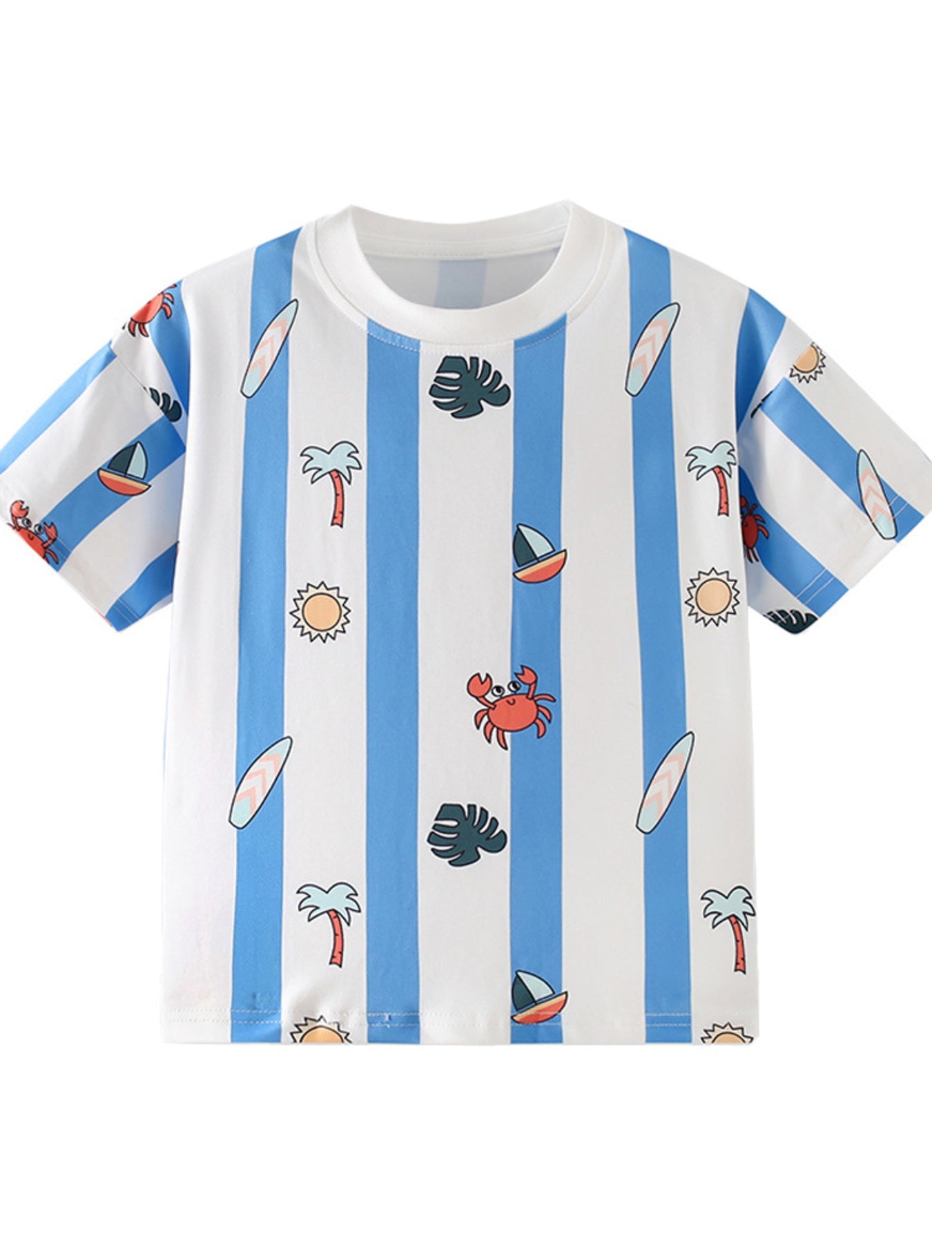 Children's Striped Cartoon Print Round Neck T-Shirt