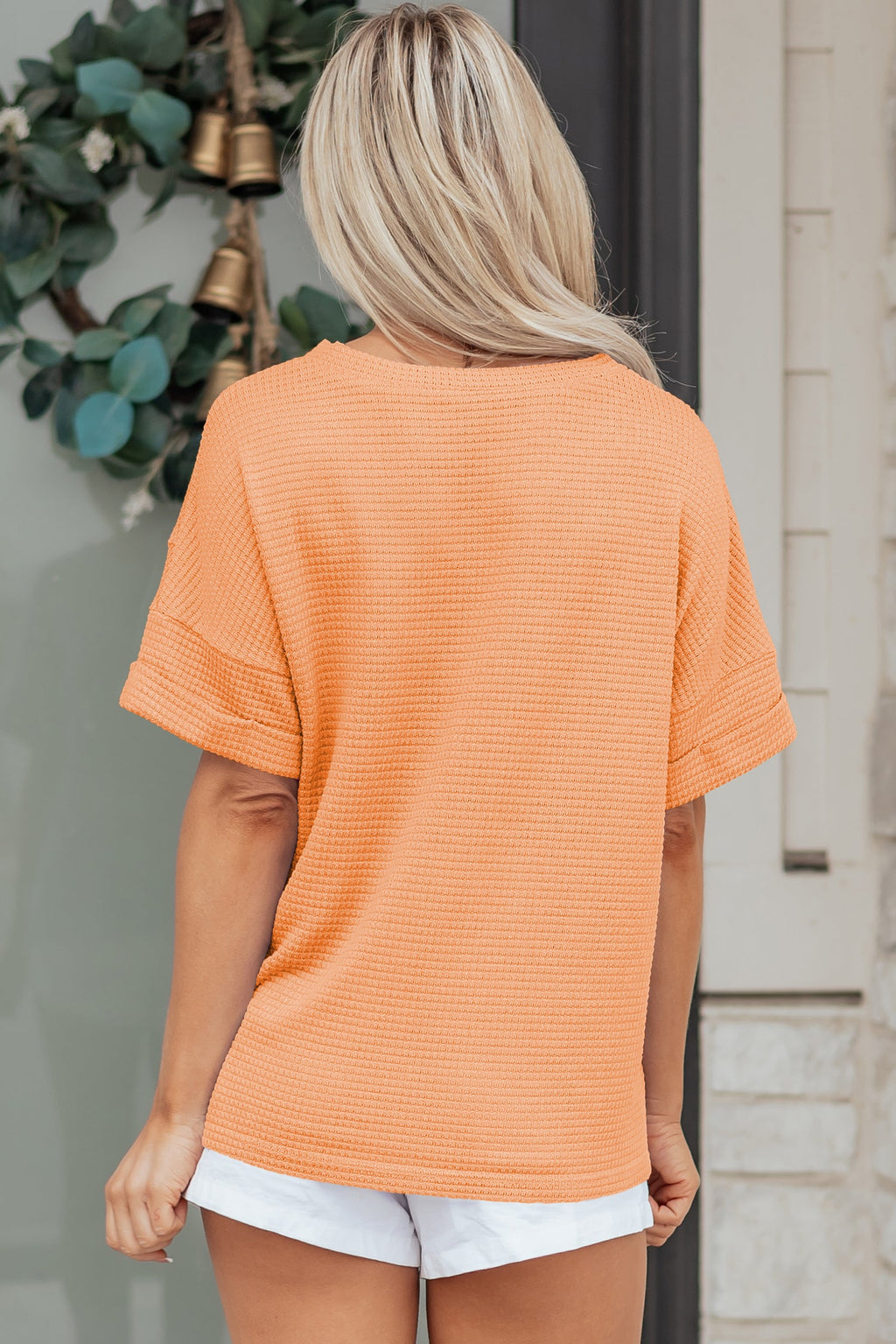 Grapefruit Orange Waffle V Neck Short Sleeve Knit Top