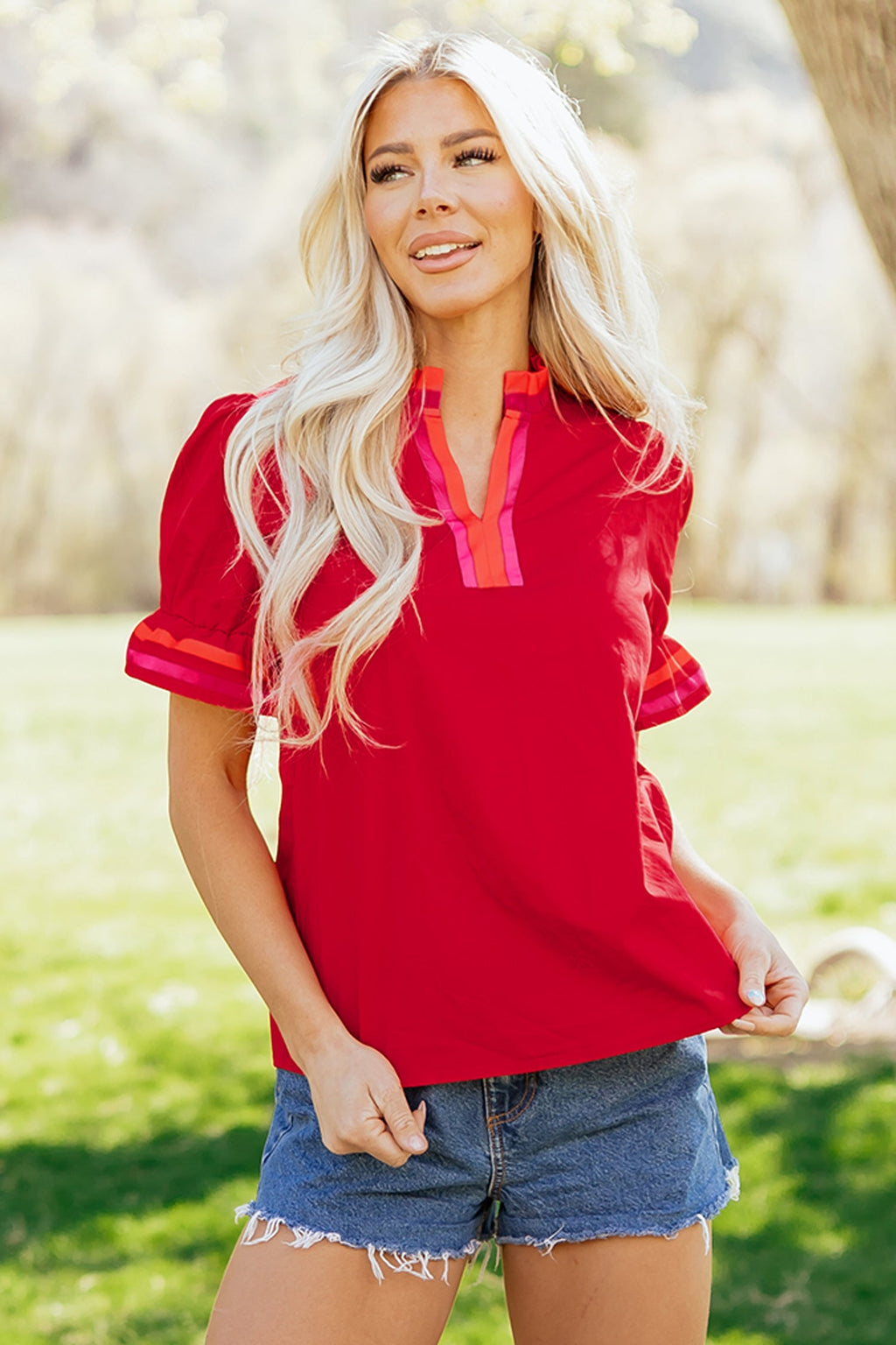 Fiery Red Striped Frilled Collar Ruffled Short Sleeve Blouse