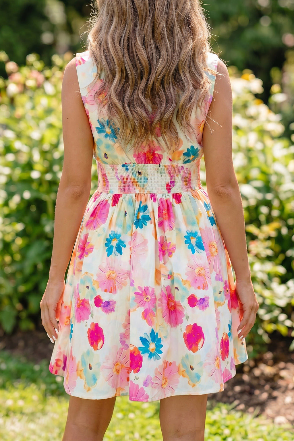 Pink Adorable Floral Print V Neck Zip Up Smocked Waist Flared Mini Dress